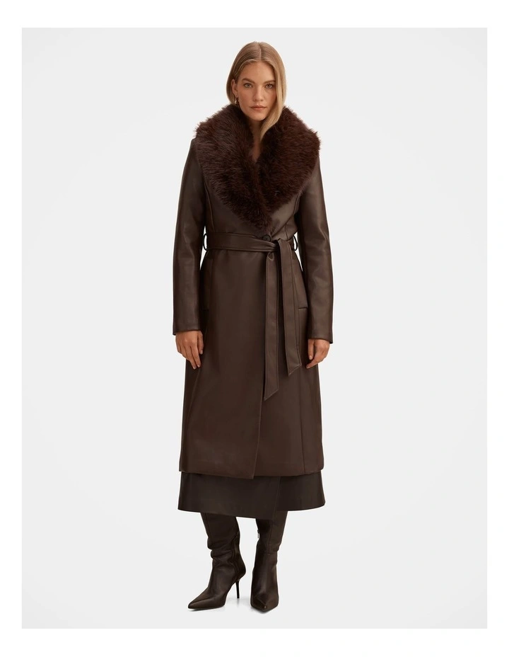 Faith Faux Fur Collar Trench Coat in Chocolate image 5