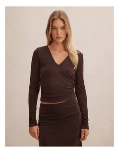 Arabella V Neck Ruched Top in Chocolate