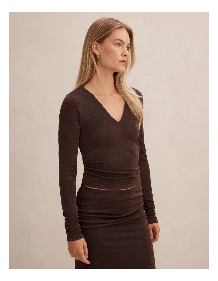 Arabella V Neck Ruched Top in Chocolate image 3