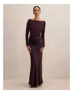 Briella Boat Neck Drape Maxi Dress in Brown