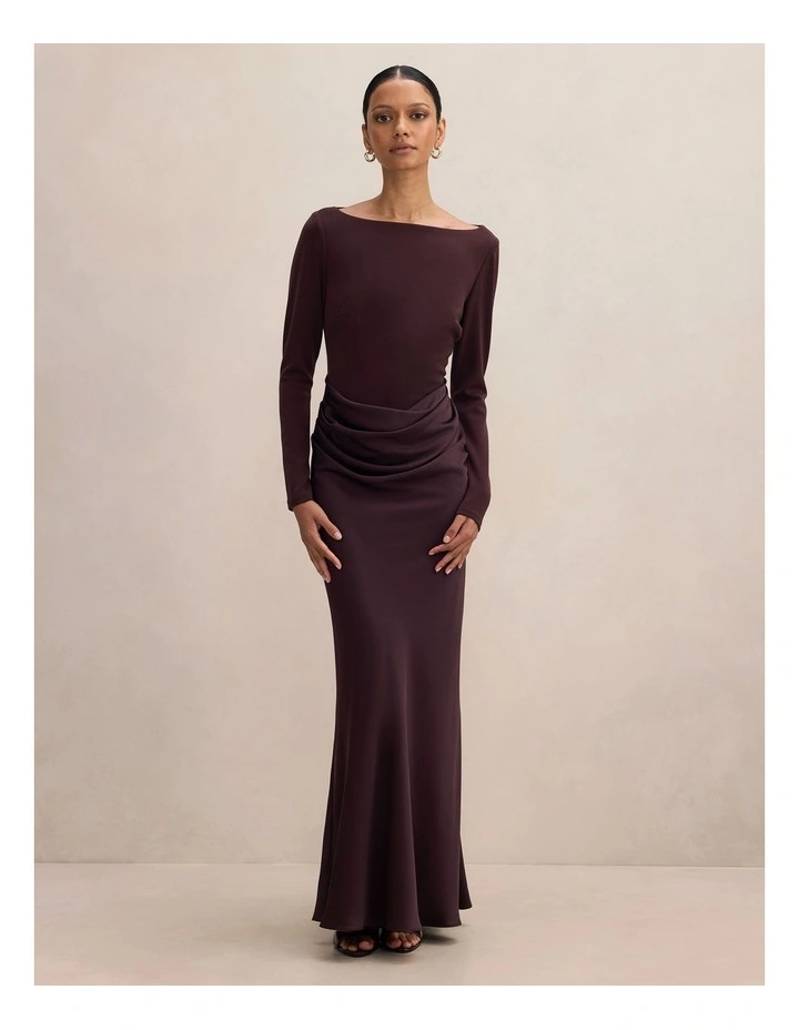 Briella Boat Neck Drape Maxi Dress in Brown image 1