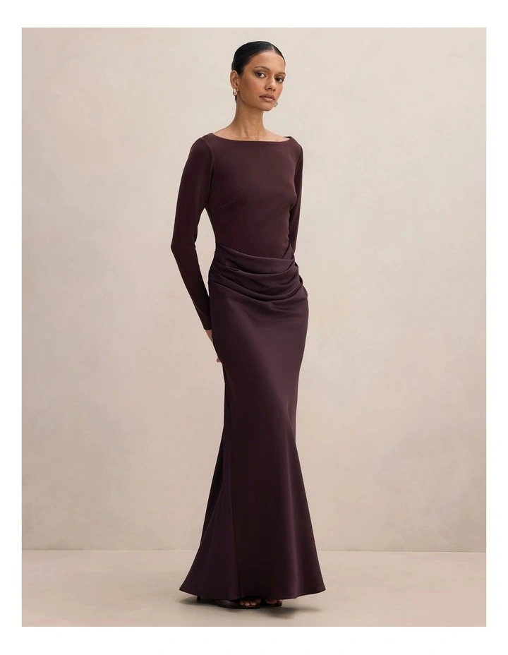Briella Boat Neck Drape Maxi Dress in Brown image 3
