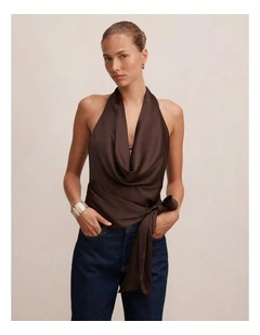 Jordyn Cowl Halter Neck Tie Top in Brown