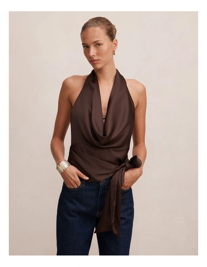 Jordyn Cowl Halter Neck Tie Top in Brown image 1