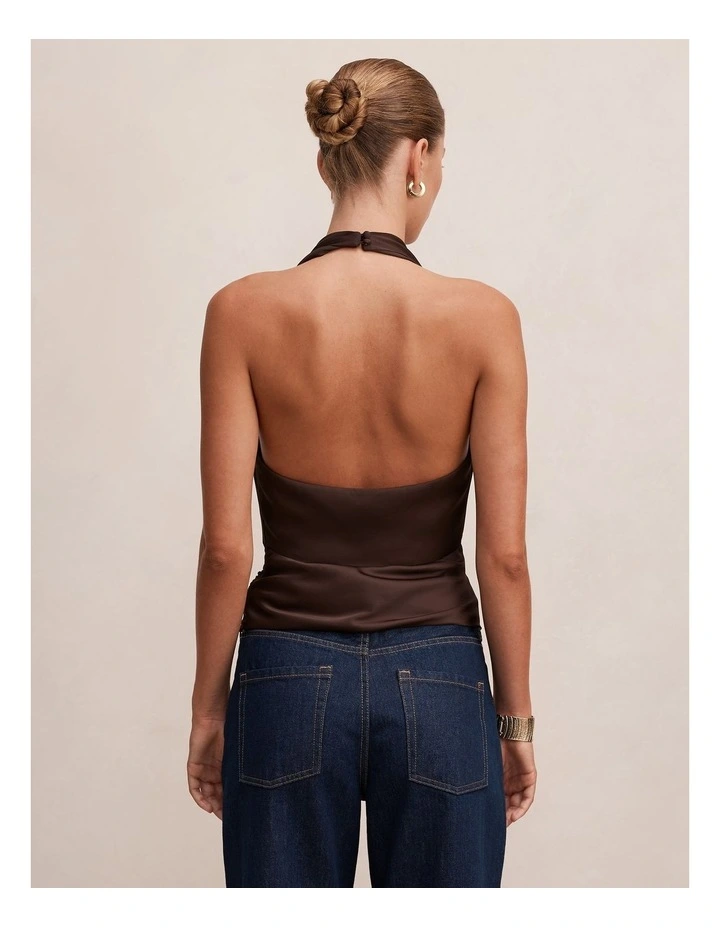 Jordyn Cowl Halter Neck Tie Top in Brown image 2