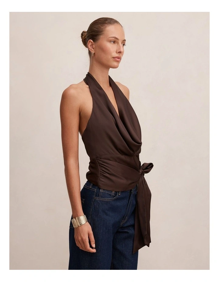 Jordyn Cowl Halter Neck Tie Top in Brown image 3