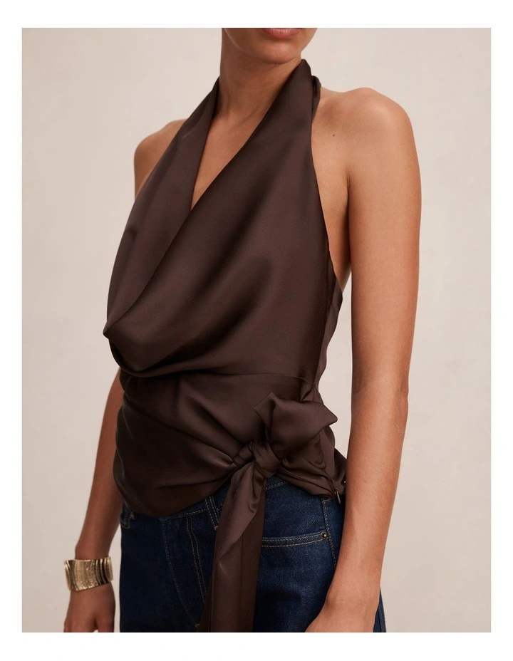 Jordyn Cowl Halter Neck Tie Top in Brown image 4
