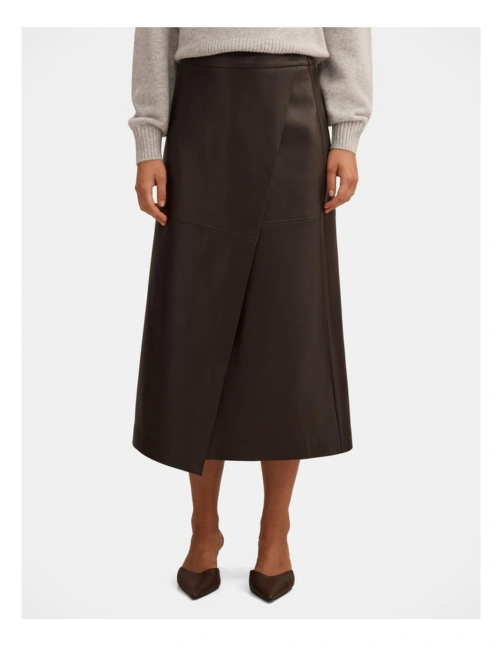 Amelia Vegan Leather Wrap Skirt in Chocolate image 1