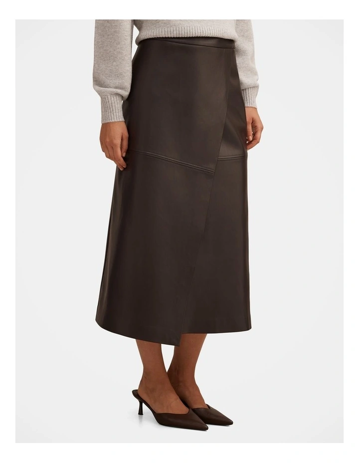 Amelia Vegan Leather Wrap Skirt in Chocolate image 3