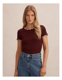 Rebecca Scallop Trim T-shirt in Deep Maroon and Porcelain