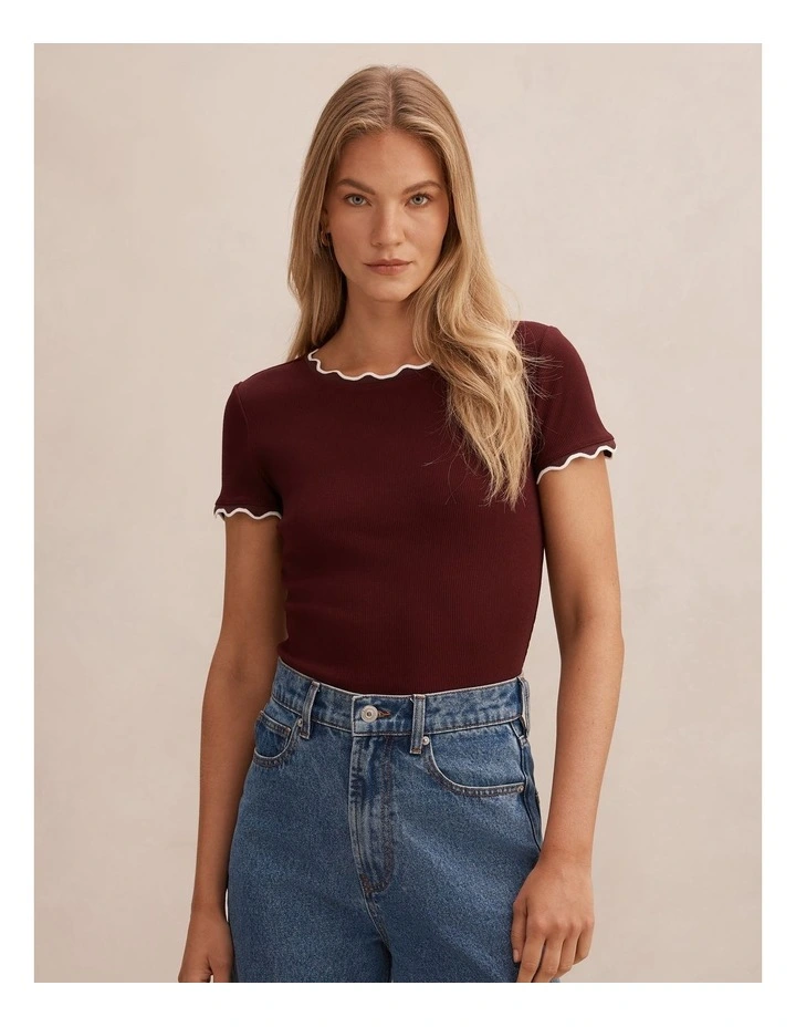 Rebecca Scallop Trim T-shirt in Deep Maroon and Porcelain image 1