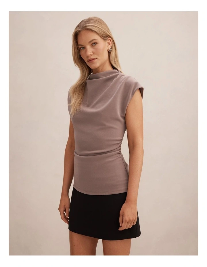 Leenah Grown on Neck Crepe Top in Brown image 3
