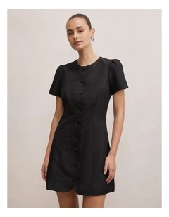 Elinda Button Up Linen Mini Dress in Black