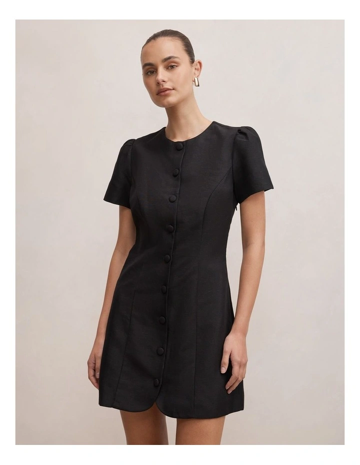 Elinda Button Up Linen Mini Dress in Black image 1