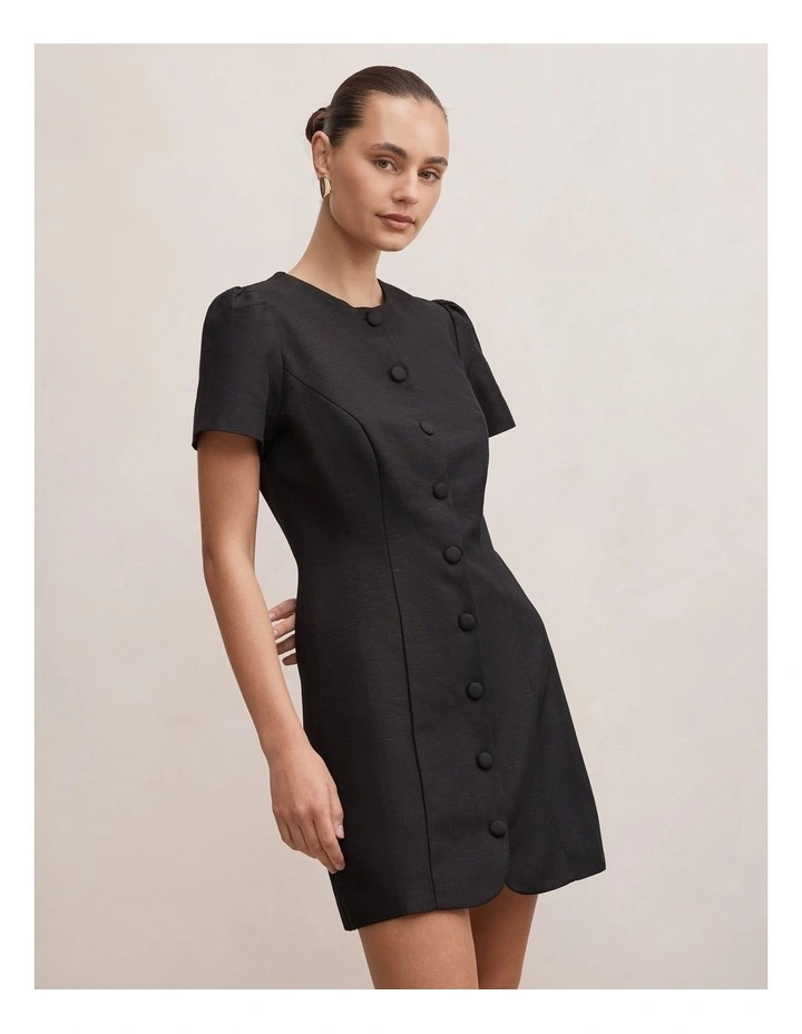 Elinda Button Up Linen Mini Dress in Black image 3