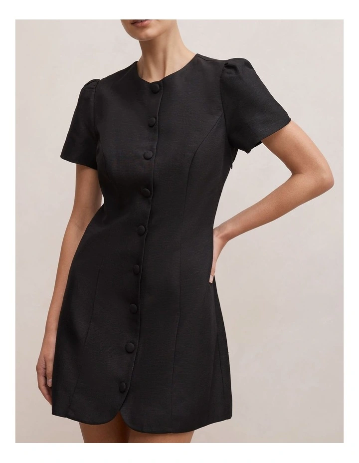 Elinda Button Up Linen Mini Dress in Black image 4