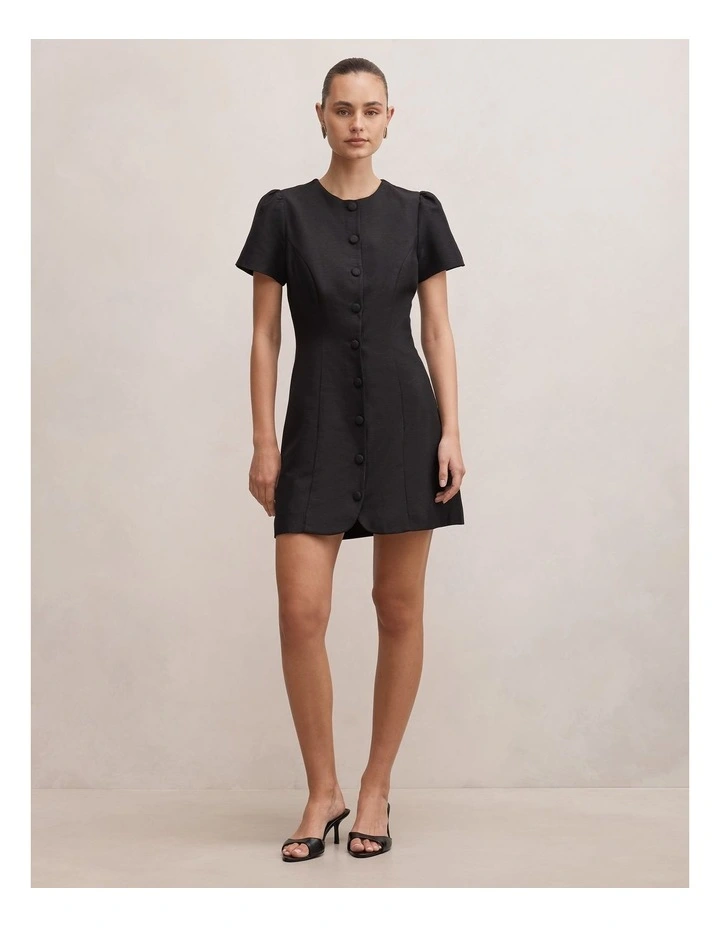 Elinda Button Up Linen Mini Dress in Black image 5
