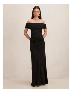 Ania Ruched Bardot Neck Maxi Dress in Black