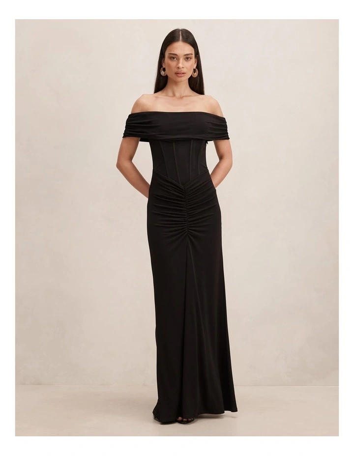 Ania Ruched Bardot Neck Maxi Dress in Black image 1