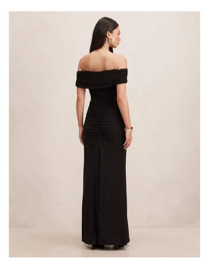 Ania Ruched Bardot Neck Maxi Dress in Black image 2
