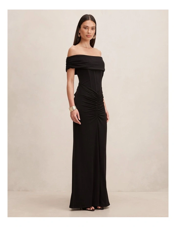 Ania Ruched Bardot Neck Maxi Dress in Black image 3