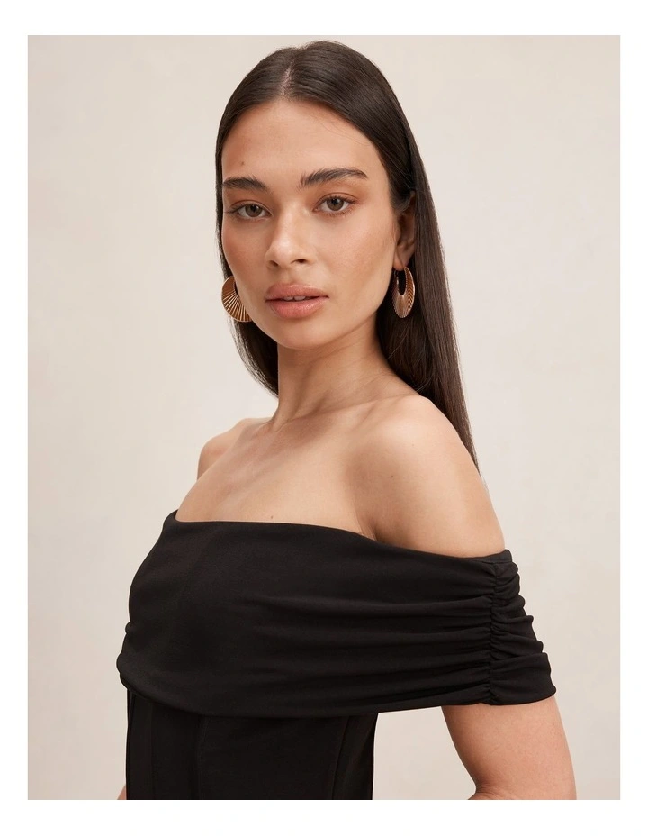 Ania Ruched Bardot Neck Maxi Dress in Black image 4