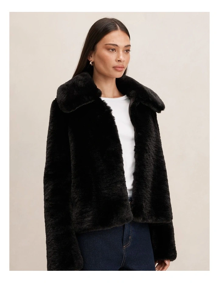 Piper Short Faux Fur Jacket in Black image 3