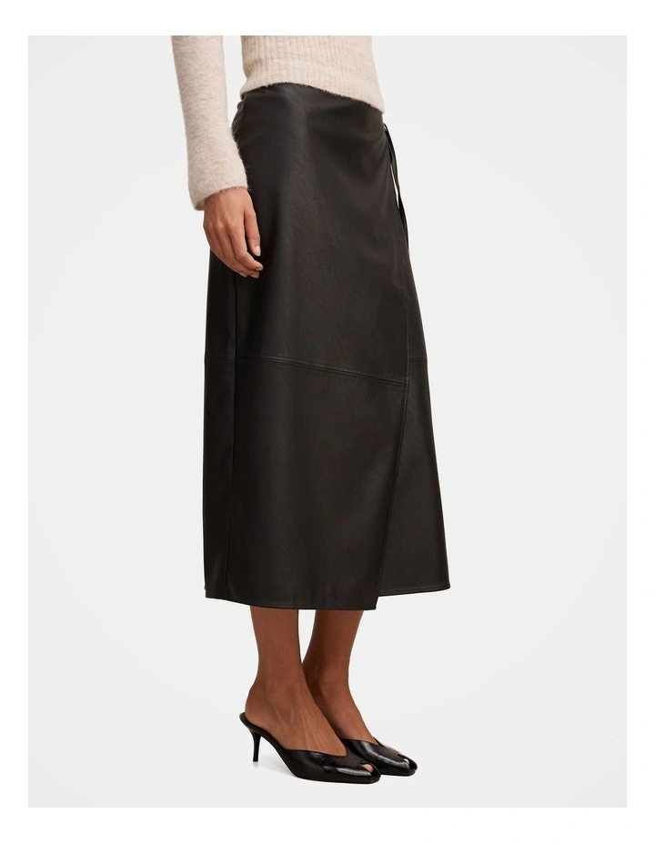 Steph Vegan Leather Wrap Skirt in Black image 3