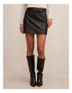 Paula Belted Vegan Leather Mini Skirt in Black