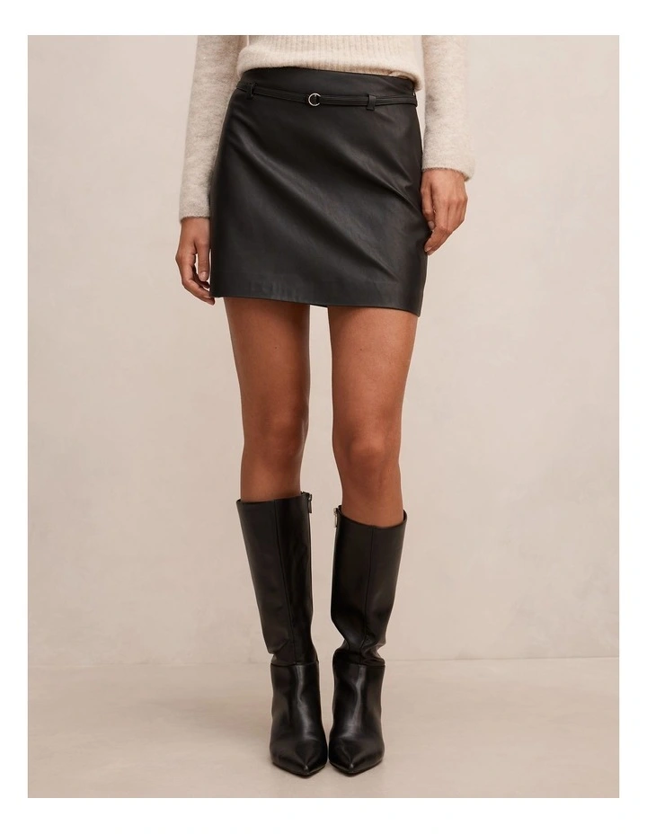 Paula Belted Vegan Leather Mini Skirt in Black image 1