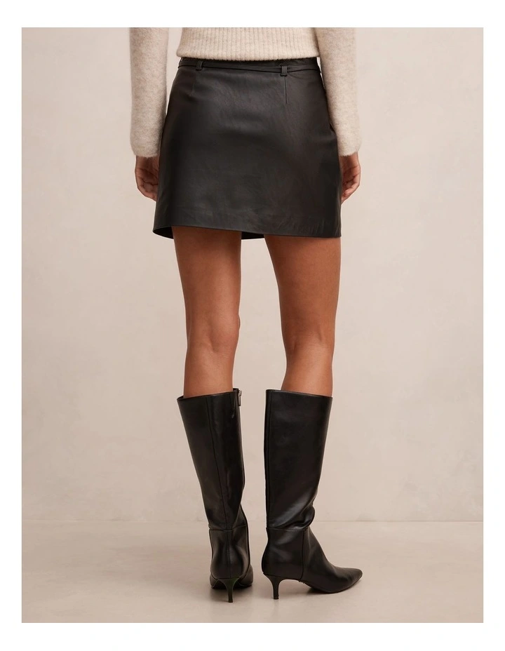 Paula Belted Vegan Leather Mini Skirt in Black image 2