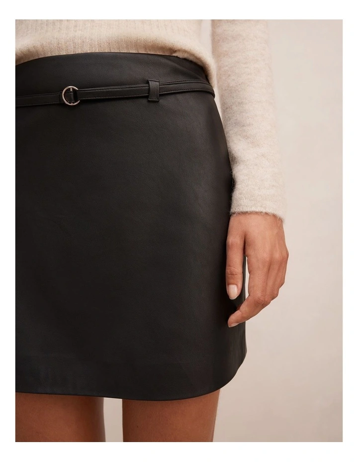 Paula Belted Vegan Leather Mini Skirt in Black image 4