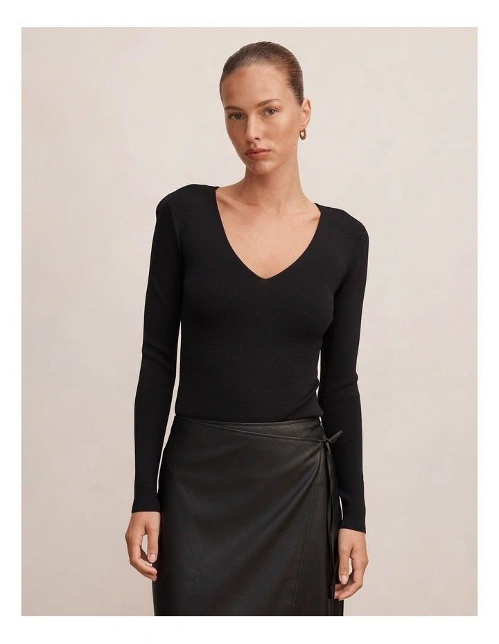 Emi Knitted Plunge Neck Bodysuit in Black image 1