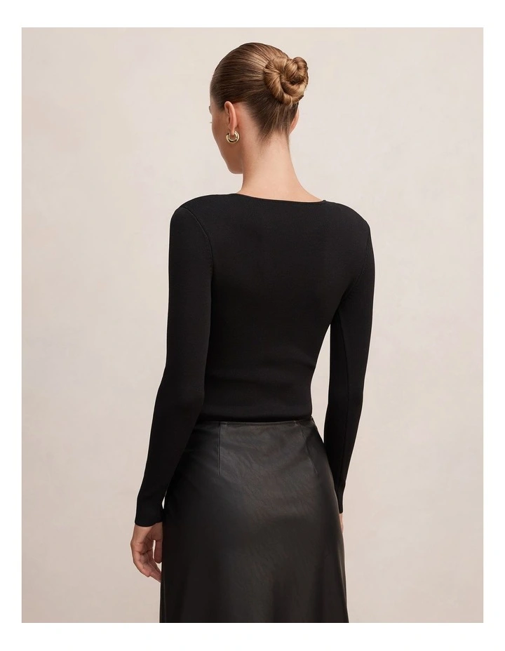 Emi Knitted Plunge Neck Bodysuit in Black image 2