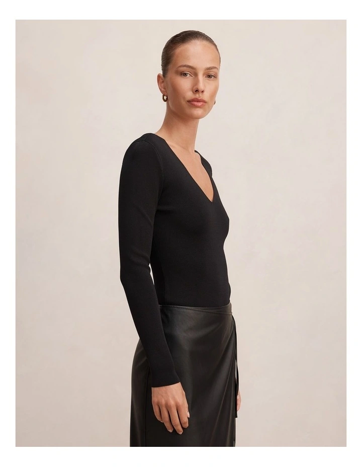 Emi Knitted Plunge Neck Bodysuit in Black image 3