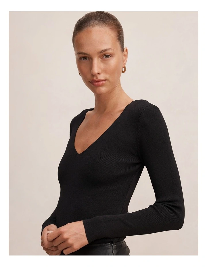 Emi Knitted Plunge Neck Bodysuit in Black image 4