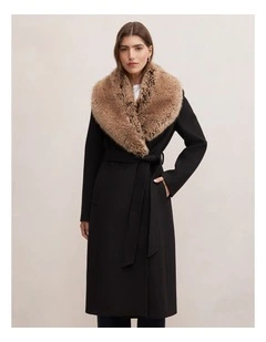 Shelby Fur Collar Coat in Black and Camel