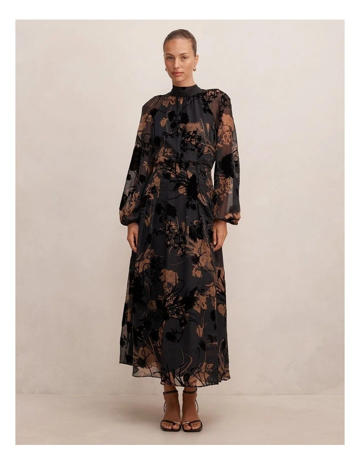Janelle Velvet Burnout Maxi Dress in Black and Brown image 1