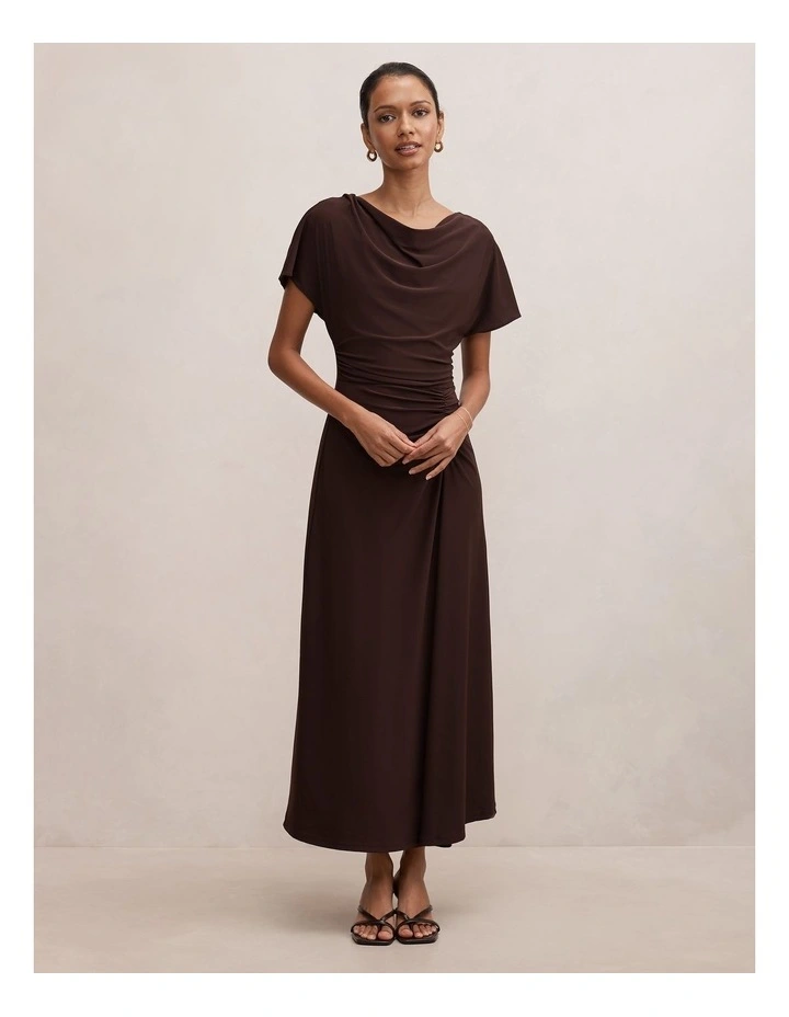 Tahnee Ruched Waist Midi Dress in Chocolate image 1