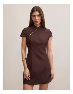 Jessie Asymmetric Button Collar Mini Dress in Brown