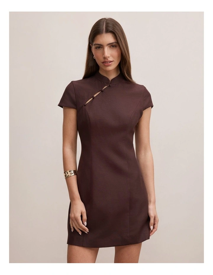 Jessie Asymmetric Button Collar Mini Dress in Brown image 1