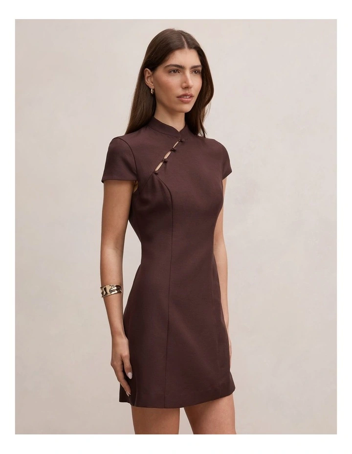 Jessie Asymmetric Button Collar Mini Dress in Brown image 3