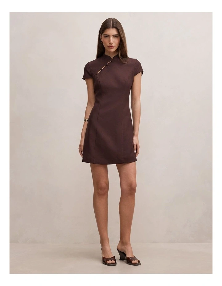 Jessie Asymmetric Button Collar Mini Dress in Brown image 5