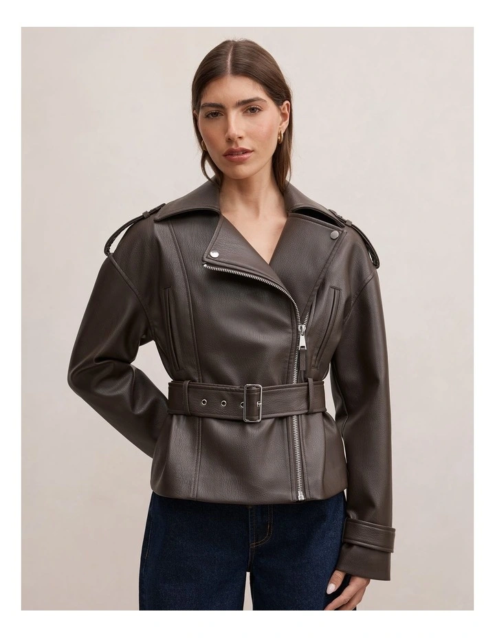 Brooklyn Belted Biker Jacket in Brown image 1