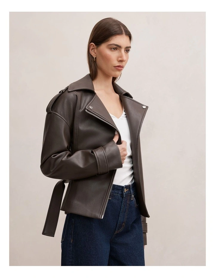 Brooklyn Belted Biker Jacket in Brown image 3
