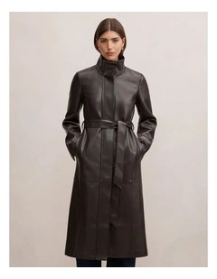 Bonnie Faux Leather Funnel Neck Trench Coat in Chocolate