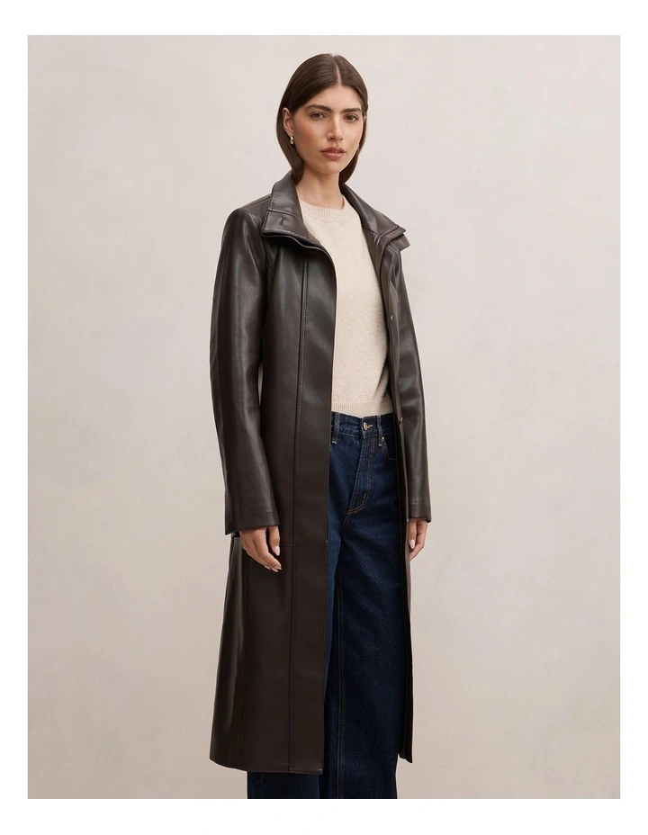Bonnie Faux Leather Funnel Neck Trench Coat in Chocolate image 3