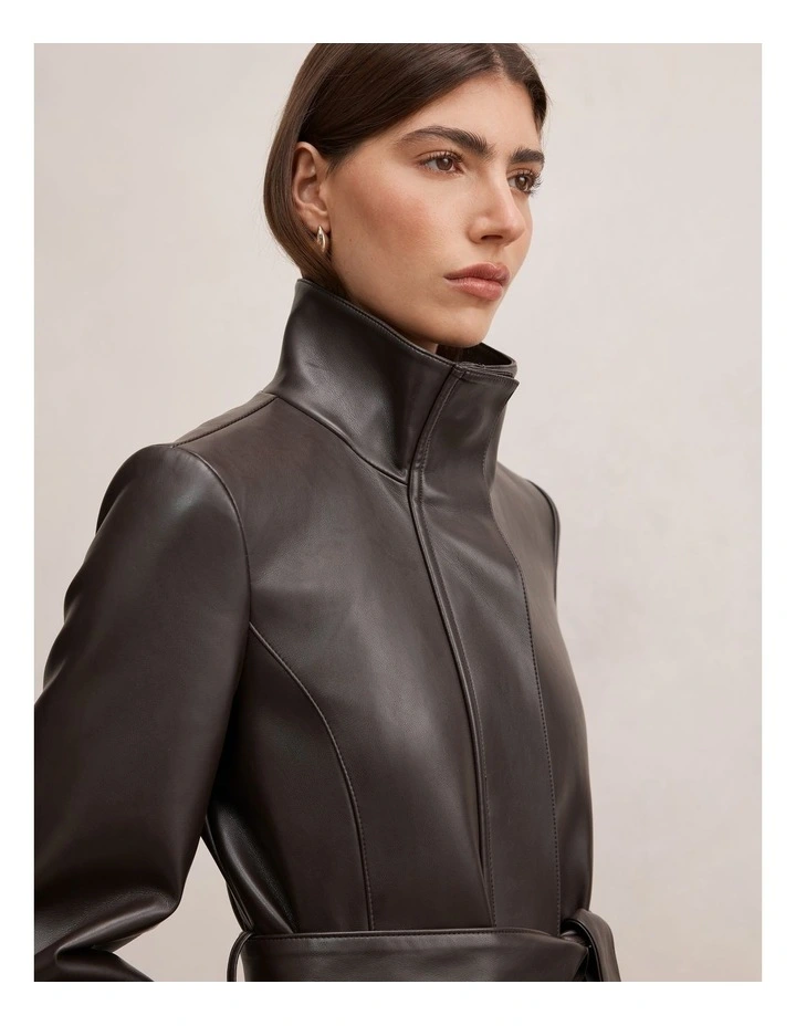 Bonnie Faux Leather Funnel Neck Trench Coat in Chocolate image 4