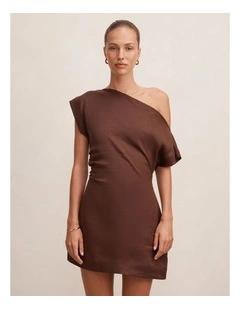 Danielle Asymmetrical Linen Mini Dress in Brown