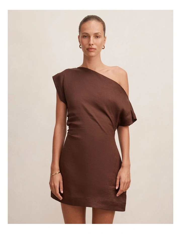 Danielle Asymmetrical Linen Mini Dress in Brown image 1